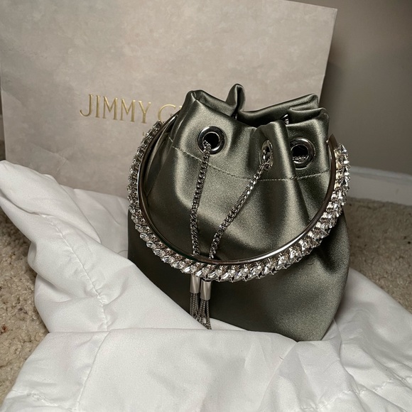 【関税&送料込】Jimmy Choo Bon Bon Satin Bag Bon Bon|Latte/Silver Satin Crystal Bag| JIMMY CHOO